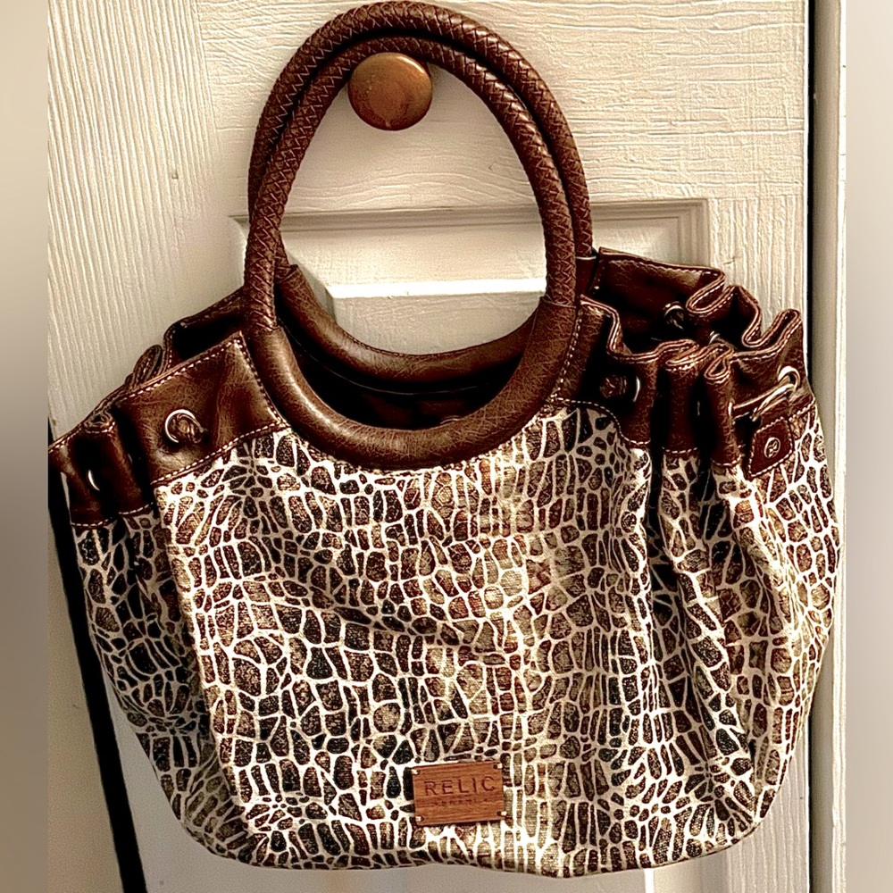 Relic Brand Safari Leopard Giraffe Animal Print Canvas Satchel Purse Hand Bag